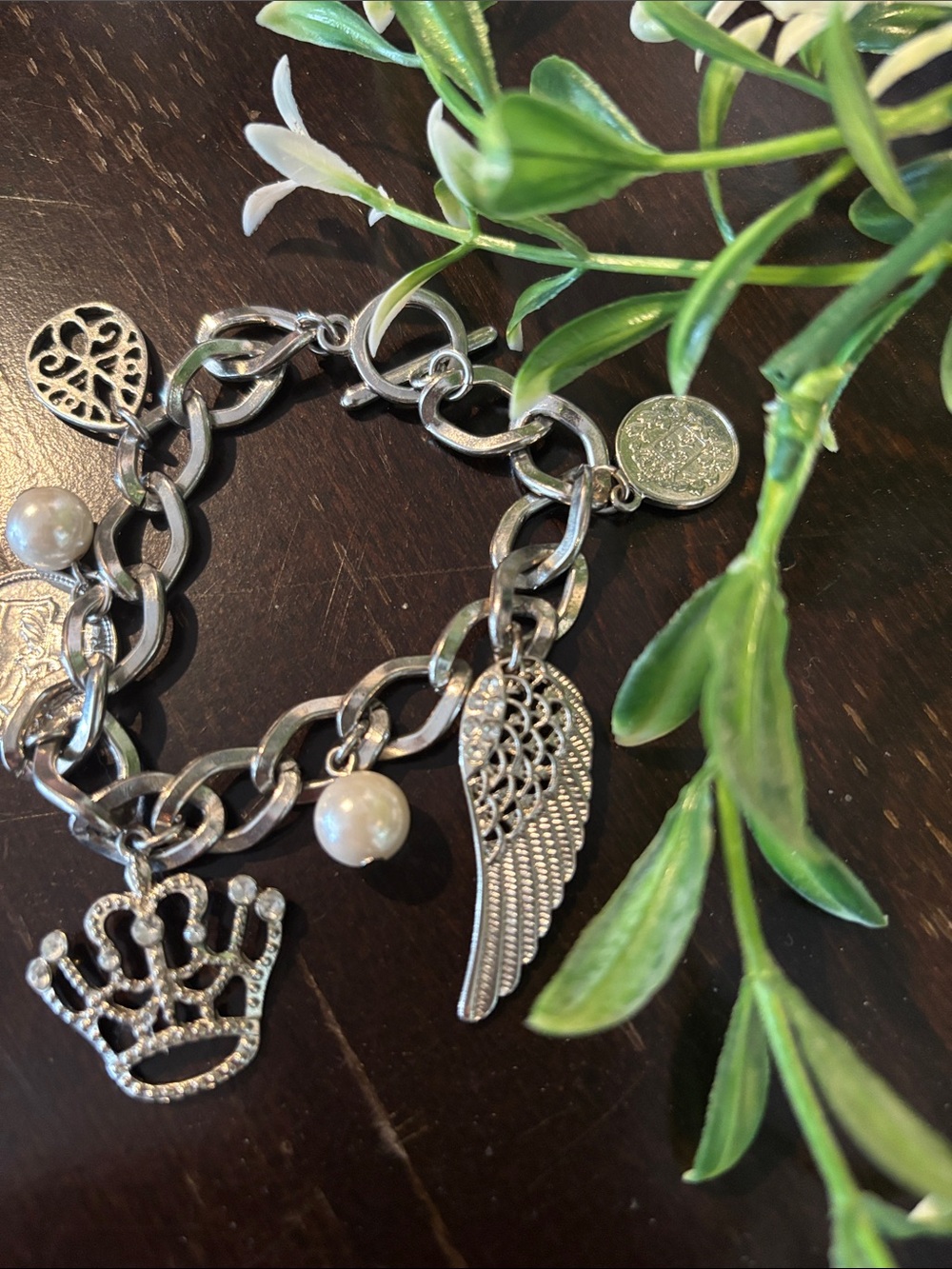 Silver Charm Bracelet with Pearl Accents - Wing & Crown Charms - Picture 3 of 4